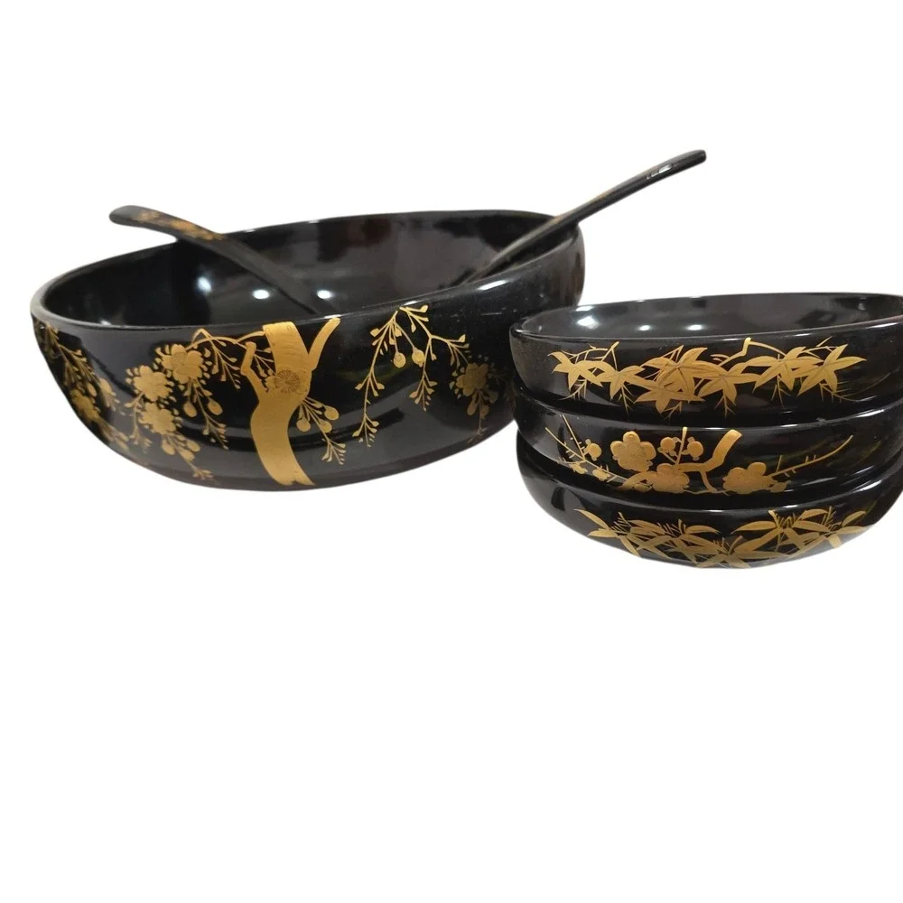 Vintage Japanese Black Gold Lacquer Salad Bowl Set 9 Pc Cherry Blossom Serving